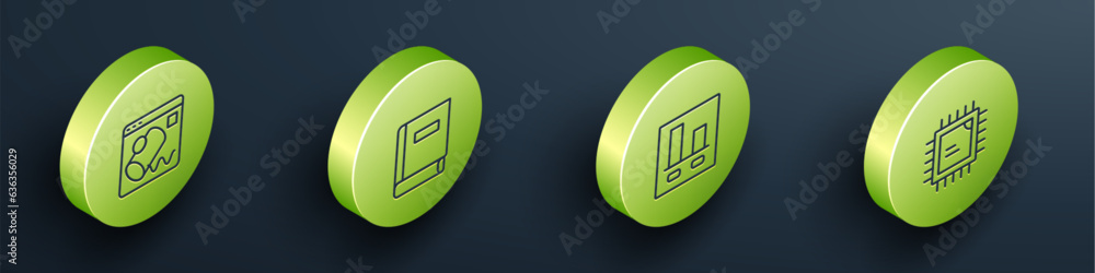 Poster set isometric line data visualisation, science book, graph chart infographic and processor cpu icon.