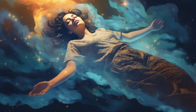 Floating Girl in Astral Projection Above the Water
