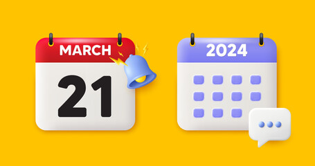 Calendar date 3d icon. 21th day of the month icon. Event schedule date. Meeting appointment time. 21th day of March month. Calendar event reminder date. Vector