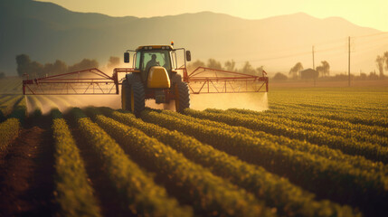 Fototapeta premium A Tractor Spraying Pesticides on Green Soybean Plantation at Sunset. Tractor Spraying Pesticides. Generative Ai