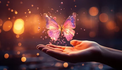 Illustrate a woman releasing a pink butterfly into the sky, symbolizing transformation, resilience, and the journey toward healing. © Kyrtap_Studio