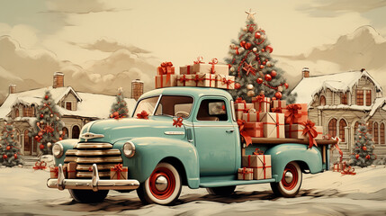 Generative AI, vintage Christmas car with many gifts, blue and red colors. Greeting xmas card, winter holidays - obrazy, fototapety, plakaty