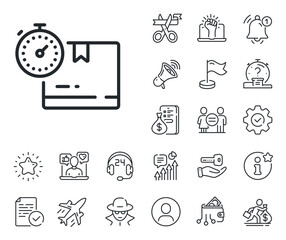 Warehouse parcel sign. Salaryman, gender equality and alert bell outline icons. Cardboard box line icon. Inventory package timer symbol. Cardboard box line sign. Vector