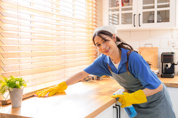 Professional housekeeper female worker in uniform wipe kitchenware smile looking at camera, employee from cleaning service company wearing gloves and apron working  housework and disinfecting