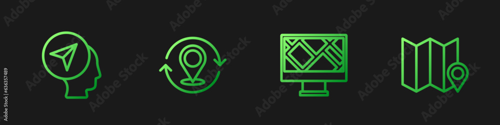 Poster set line monitor with map location, map marker human, pin and folded. gradient color icons. vector