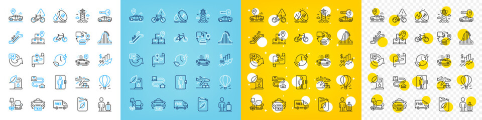 Vector icons set of Car parking, Packing things and Rise price line icons pack for web with Lighthouse, Charging time, Roller coaster outline icon. Car key, 24 hours, Free delivery pictogram. Vector