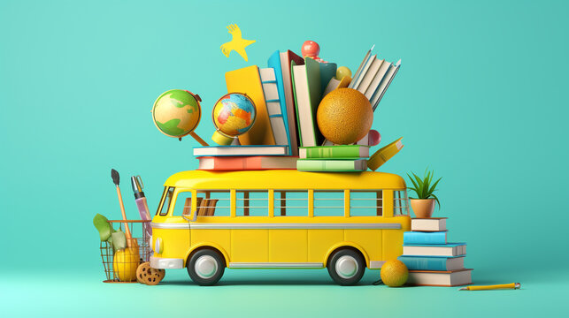 Funny School bus with books and accessory on turquoise blue background. Back to school banner. 