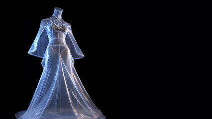 Modepuppe weiblich für Schaufenster in futuristischer Kleidung aus Plastik transparent querformat als Banner, , ai generativ