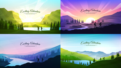 Vector illustration set. Travelers walk. Travel concept of discovering, exploring and observing nature. Hiking. Adventure tourism. Couple walking with backpack and travel sticks. Website banner