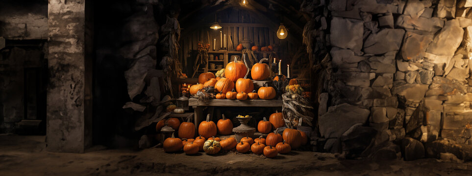 Sch&ouml;nen verschieden K&uuml;rbisse im Keller auf einer alten Komode gestabelt Querformat, ai generativ