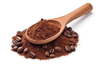 Ground coffee in wood spoon and pile whole roasted coffee beans, isolated on white background