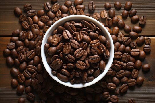 Roasted coffee beans in white bowl on wooden background, top view