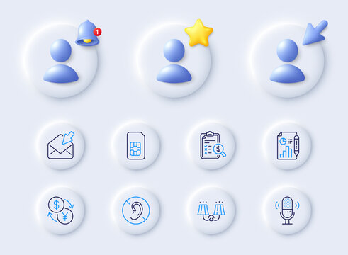 Accounting report, Sconce light and Report document line icons. Placeholder with 3d cursor, bell, star. Pack of No hearing, Open mail, Sim card icon. Microphone, Currency exchange pictogram. Vector