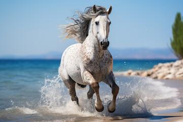 Cavalo malhado correndo na praia com o mar ao fundo - Papel de parede