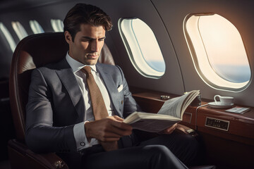 Fototapeta na wymiar Businessman in a suit sitting on a plane reading the newspaper