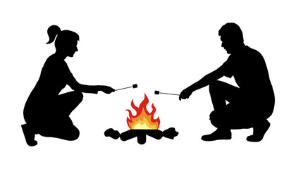 Silhouette of man with woman frying marshmallow on bonfire. Camping. Vector illustration