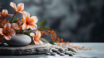 Still life with beautiful lily flowers and stones on grey background, space for text