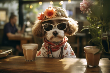 Fototapety  Funny dog in sunglasses and hat sitting in cafe with cup of coffee. Pets friendly concept