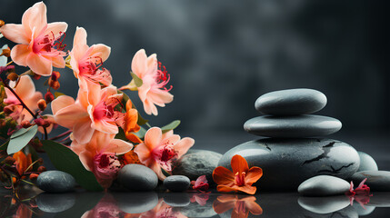 Obraz na płótnie Canvas Spa still life with zen stones and flowers on dark background