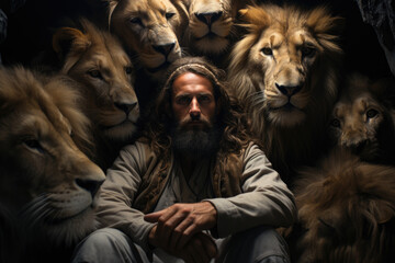 Bible Stories Unveiled: The Tale of Daniel Peacefully Seated, Enveloped by Calm Lions - obrazy, fototapety, plakaty