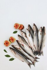Fresh sea mullet fish, on white background, on kitchen table, healthy eating, top view, place for text, free space, background for presentations,