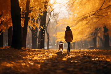 Evening walk of a woman with a dog in the autumn park - obrazy, fototapety, plakaty