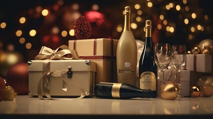 Merry Christmas Concept, Red Wine Bottle, White Champagne Bottle with Red Wine Glasses, Boxes gift with ribbon, Balloon and decoration on the table, object Mockup copy space background, Generative AI - 636363255