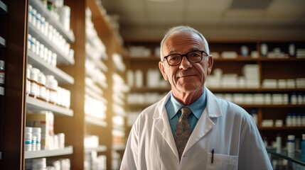 Fototapeta premium portrait of an elderly male pharmacist standing in front of shelfs with medication (Generative AI)