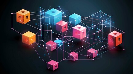 Blockchain technology concept with 3d cubes on dark background, Vector illustration, Generations AI illustrations.