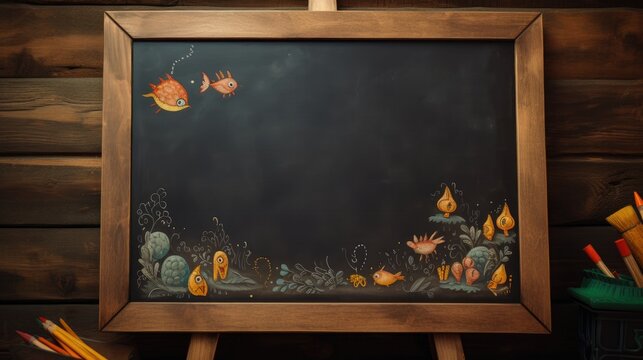 Blank Blackboard, Board, Underwater, Write, Space, Memo, Message, Chalkboard, Template. UNDERWATER THEME BOARD For Memo, Drawing Or Message. Writable blank space. Fishes and Marine life as decoration.
