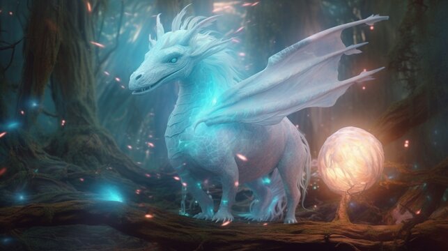 An ethereal ghost dragon guarding glowing mushrooms.Generative AI