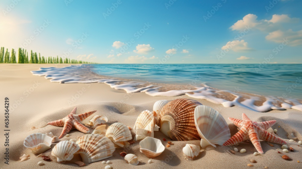 Poster beach background with shells and sand created with generative ai