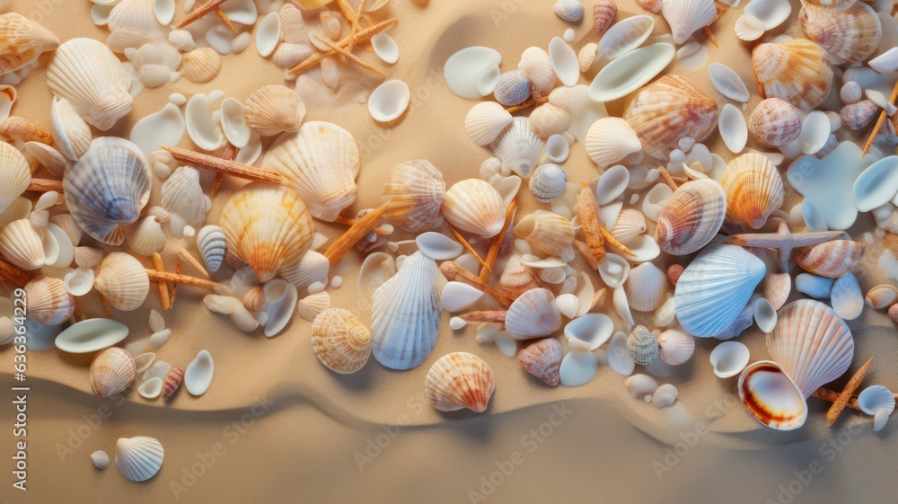 Poster beach background with shells and sand created with generative ai