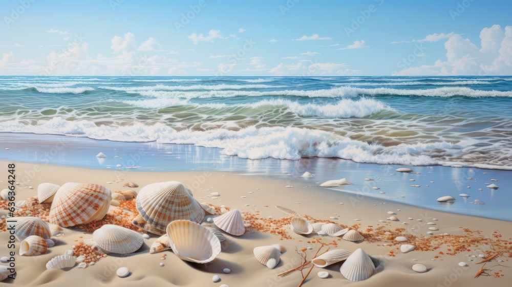 Poster beach background with shells and sand created with generative ai