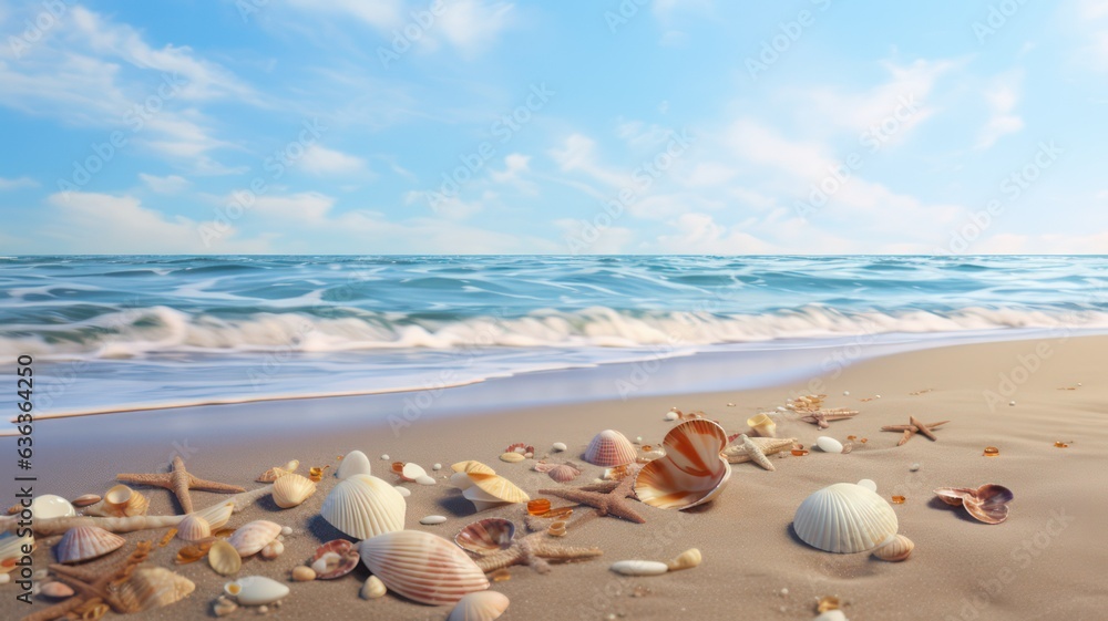 Poster beach background with shells and sand created with generative ai