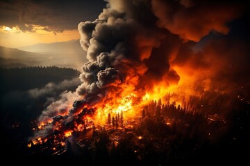 Fototapeta premium Captured from above, a sprawling forest fire showcases the relentless power of nature's fiery temperament.