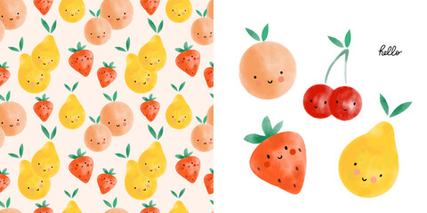 Watercolor fruit seamless pattern. Cute cartoon character with eyes and smiles, peach, pear and strawberry. Childish nursery and textile decor. T-shirt print, wrapping paper, wallpaper design vector
