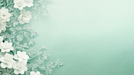 White Floral Pattern, Flowers, Wallpaper, Rectangular texture, Green, Nature, Background. Light Green And White Floral Pattern On The Left. Blank wide space suitable for a message or memo.