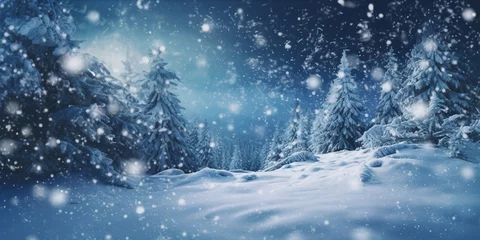 Rolgordijnen Winter Christmas scenic background with copy space. Snow landscape with spruce branches covered with snow close - up, snowdrifts and falling snow on nature outdoors, copy space, toned blue.  © abdlkerim