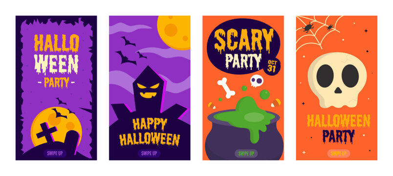 Halloween party poster set. Scary and colorful, cartoon-style vector illustrations. Cover design templates for social media stories. Swipe up.