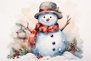 In this endearing watercolor artwork, Frosty the Snowman comes to life amidst falling snowflakes, showcasing the holiday magic with his scarf, hat, and carrot nose.