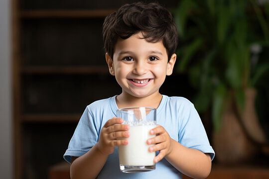 cute little Indian boy drinks milk in a glass, happy expressions - Powered by Adobe