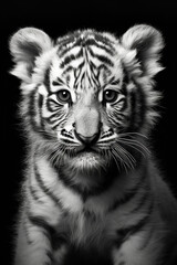 Black and white portrait of a little tiger in front of a black background (AI Generated) 