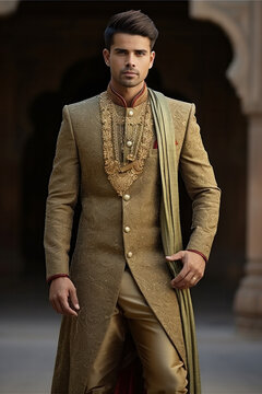 Indian man male fashion model in traditional wear or kurta pyjama cloths, sherwani, posing for photo