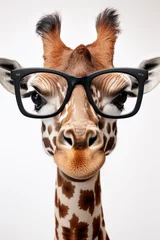 Fototapeten Funny giraffe with glasses in front of a white background (AI Generated)  © Djomas