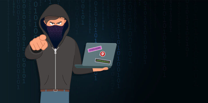 Illustration of a mystery hacker, wearing a hoodie, pointing at camera viewer, with blank space for text. Editable vector. 