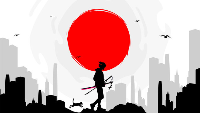 urban samurai with red moon background. Samurai with red moon wallpaper. red moon. japanese theme wallpaper.