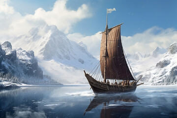 Viking drakar, a ship in the north sea - obrazy, fototapety, plakaty