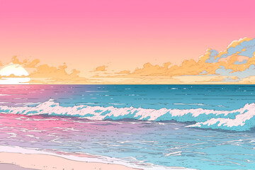 夕日が沈むビーチの1980年代風ポップアートイラスト