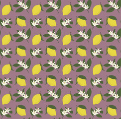 Vintage repeat pattern of lemons and lemon flowers on dusty pink background. Hand drawn decorative tropical seamless illustration for printing.